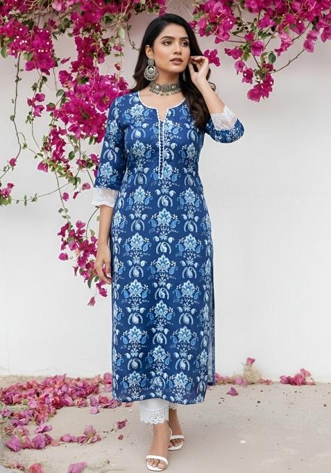 Blue Printed Cotton Kurta