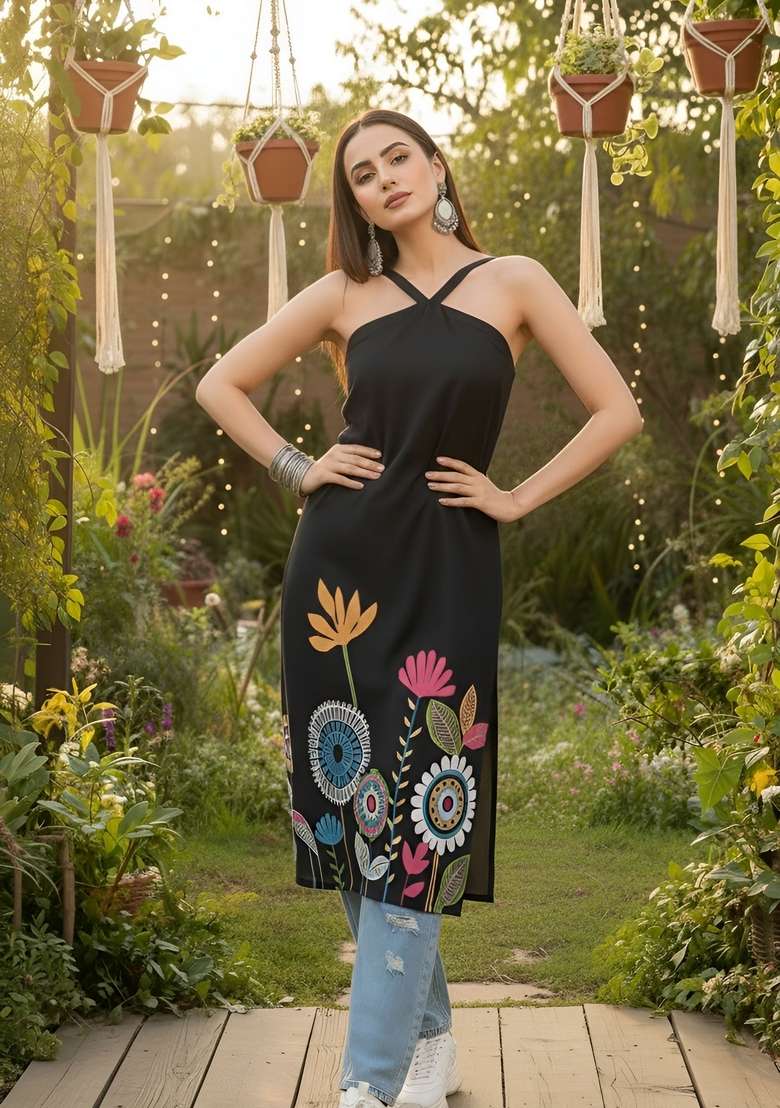 Black Embroidered Cotton Kurta - Indya