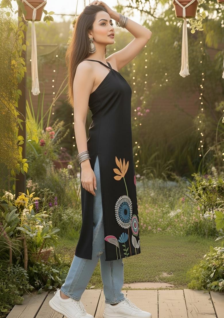 Black Printed Cotton Kurta - Indya