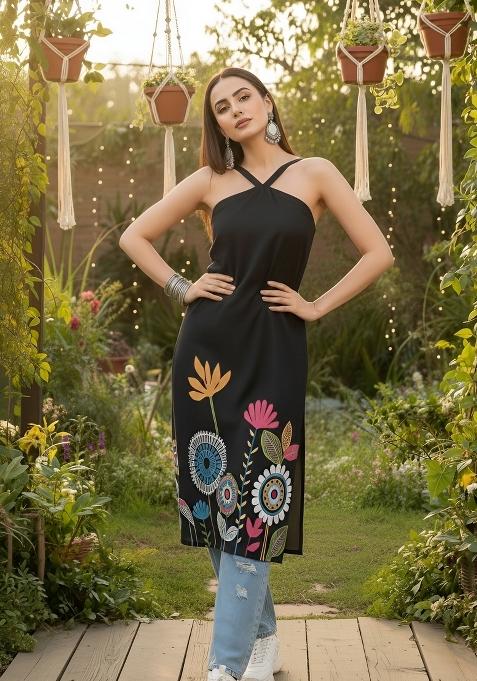 Black Printed Cotton Kurta