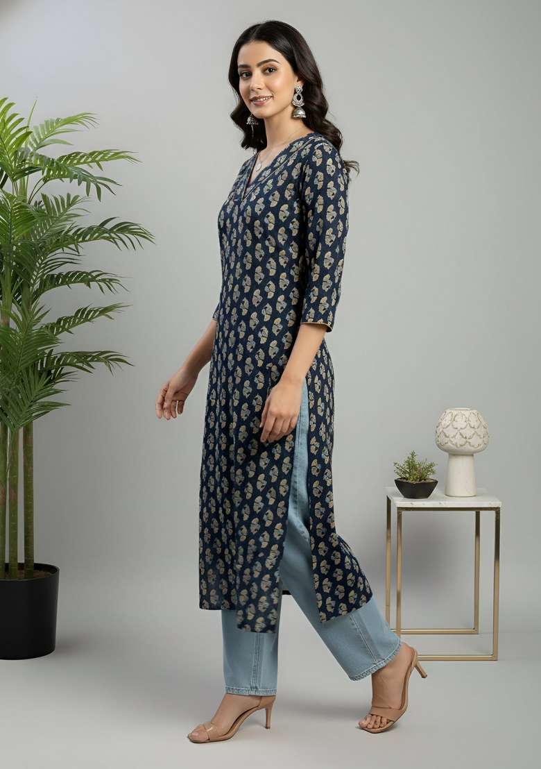 Blue Printed Cotton Kurta - Indya