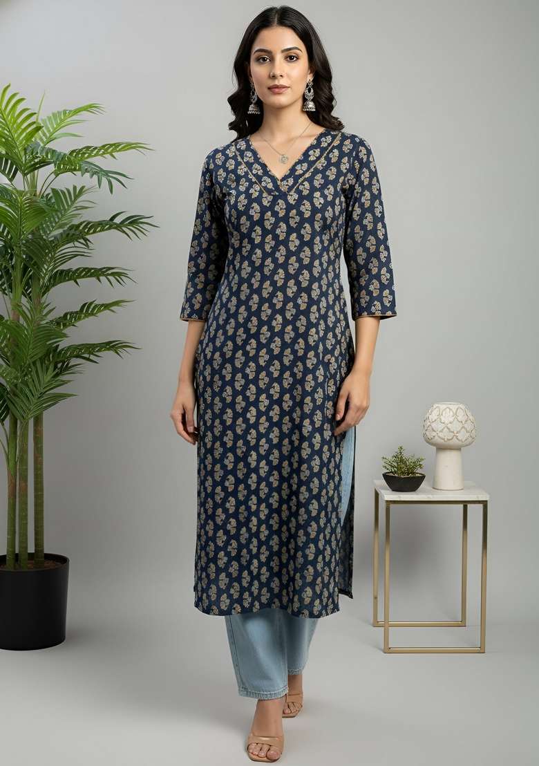 Blue Printed Cotton Kurta - Indya