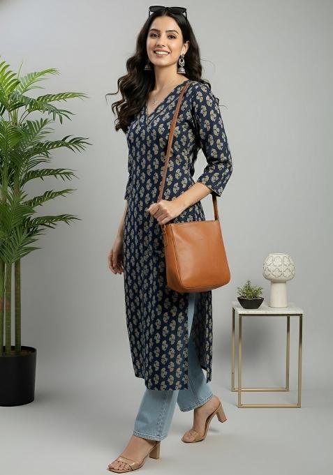 Blue Printed Cotton Kurta