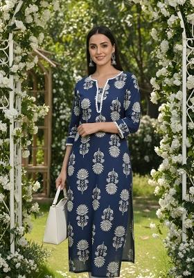 Blue Printed Cotton Kurta