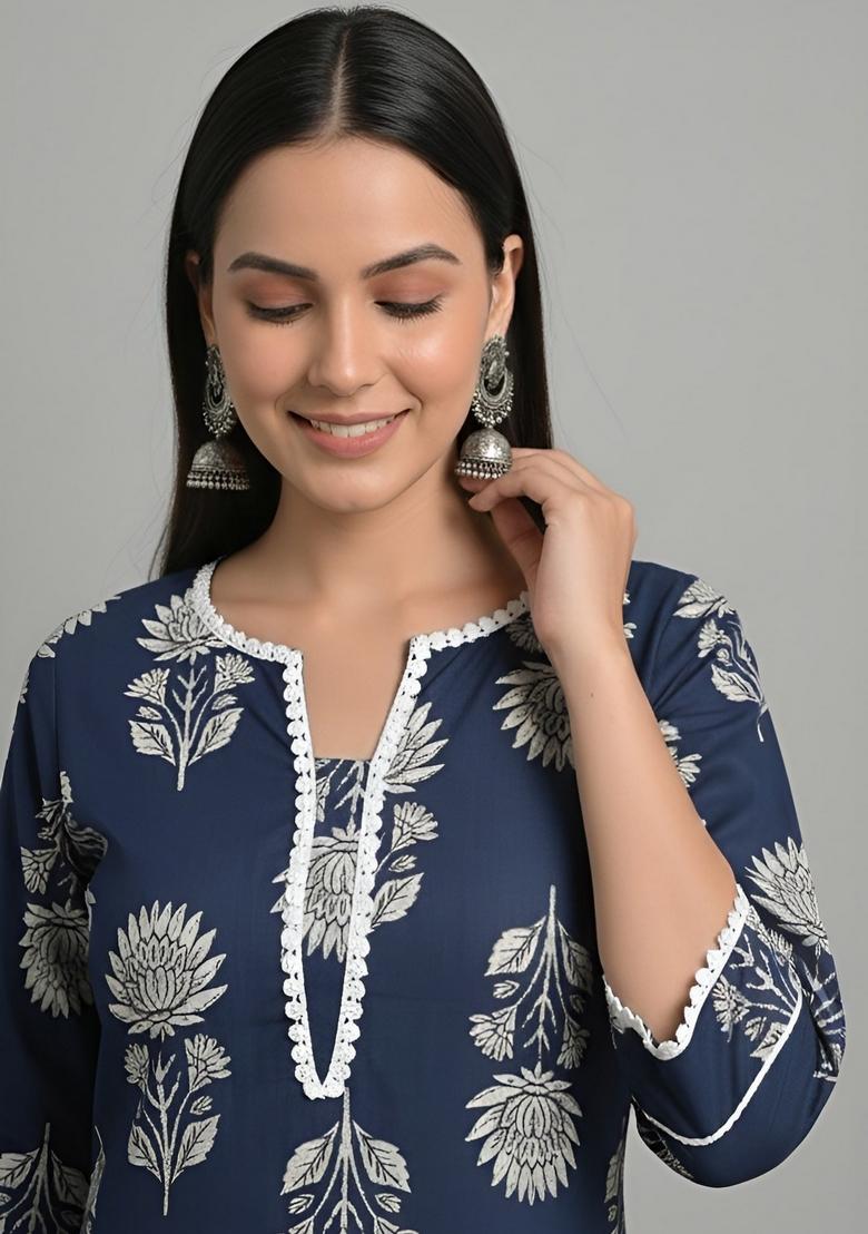 Blue Printed Cotton Kurta - Indya