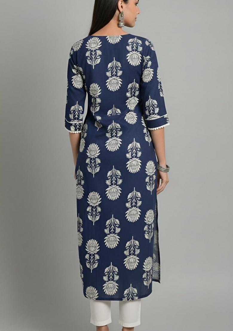 Blue Printed Cotton Kurta - Indya