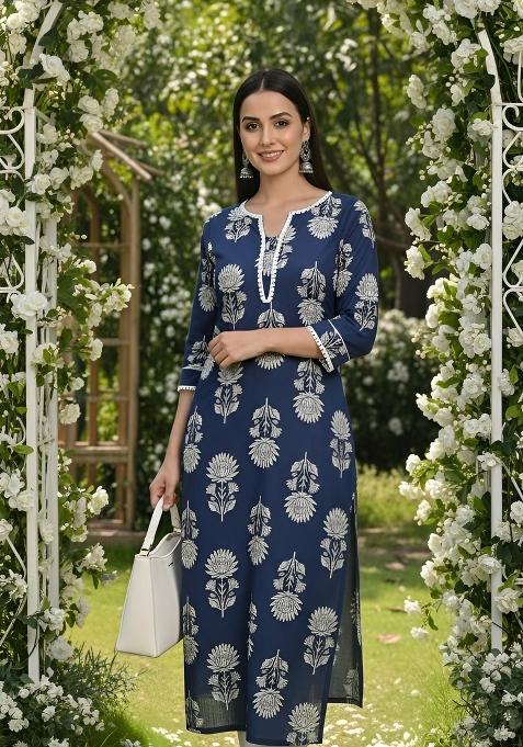 Blue Printed Cotton Kurta