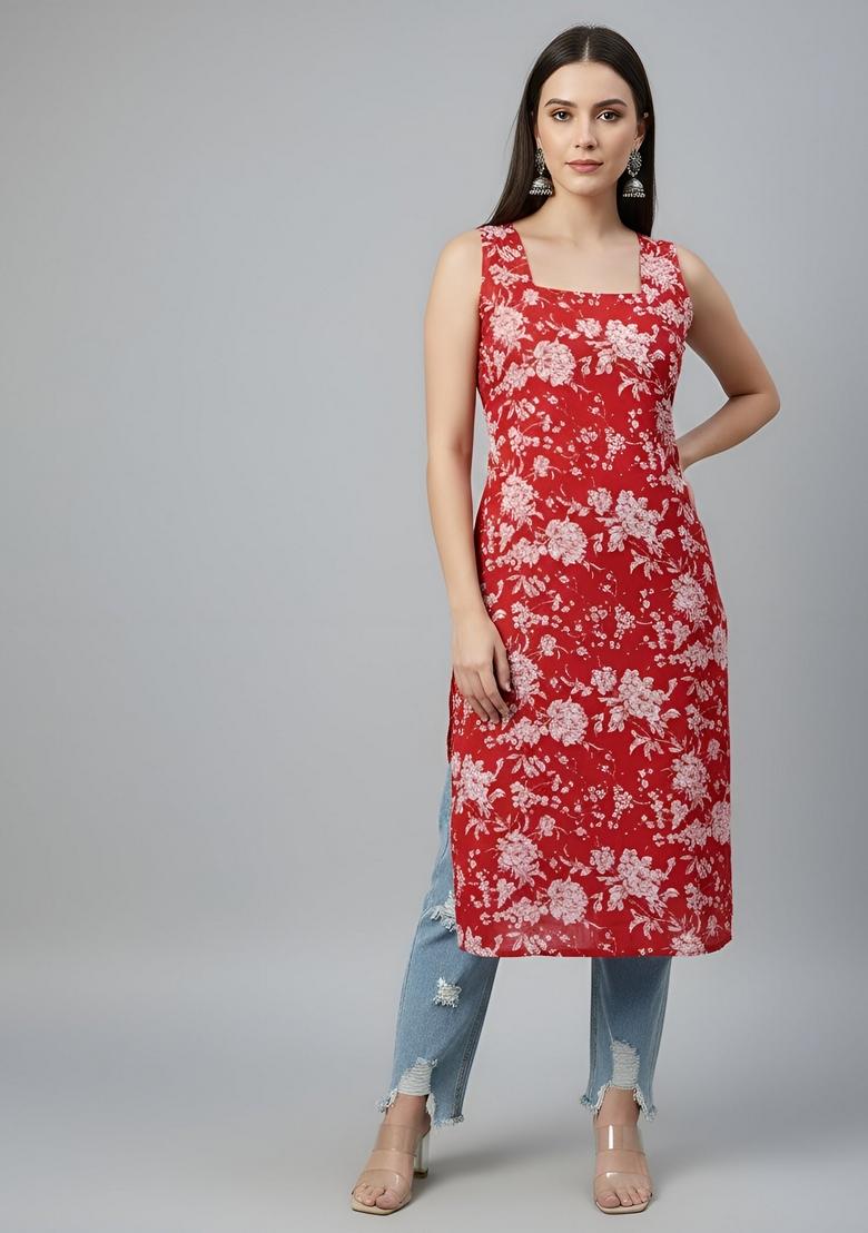Red Printed Cotton Kurta - Indya