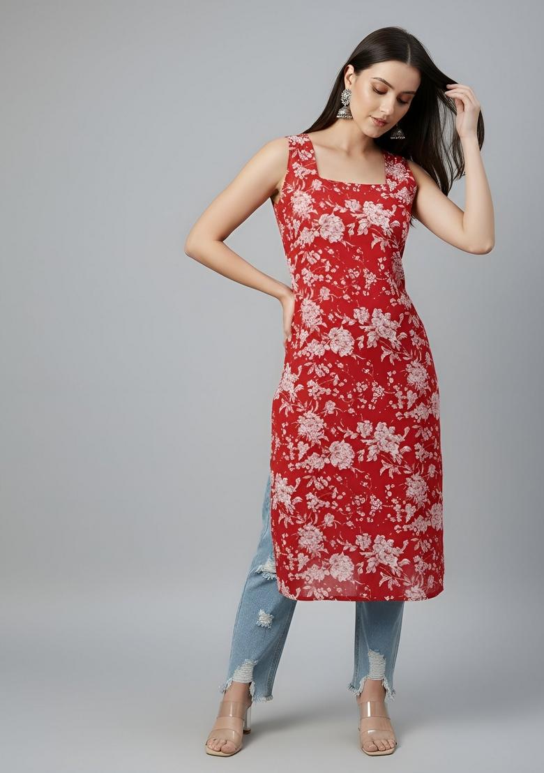 Red Printed Cotton Kurta - Indya