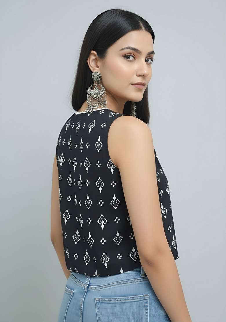 Black Printed Cotton Kurta - Indya