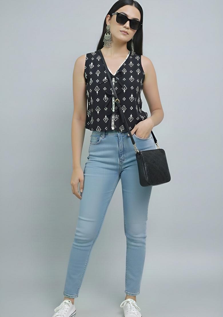 Black Printed Cotton Top - Indya