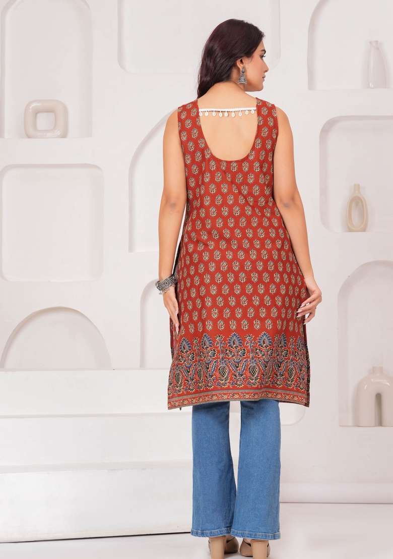 Rust Printed Cotton Kurta - Indya