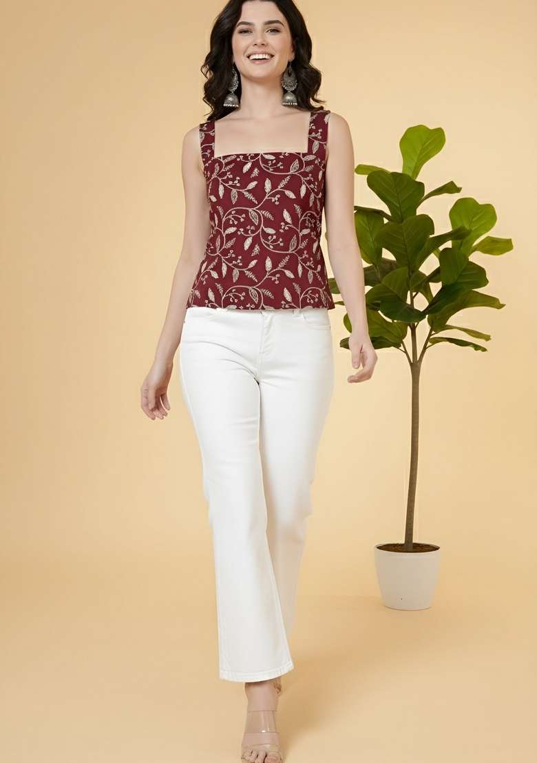 Burgundy Printed Cotton Kurta - Indya
