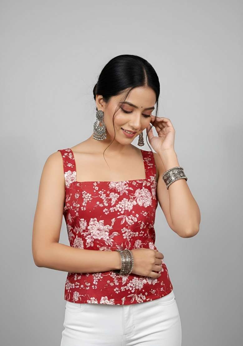 Red Floral Print Cotton Kurta - Indya