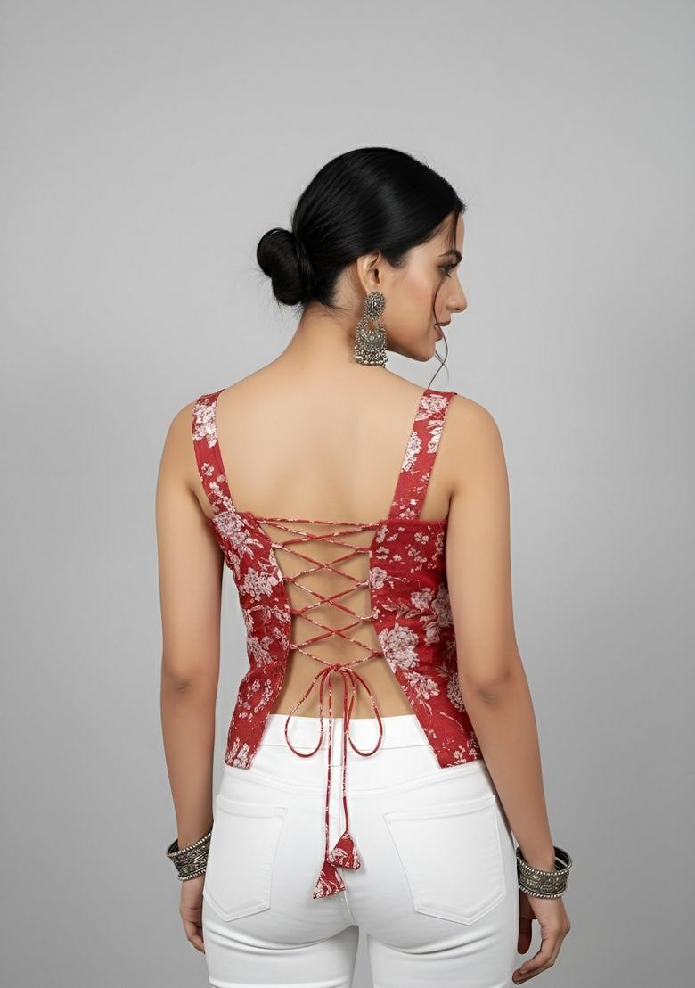 Red Floral Print Cotton Top - Indya