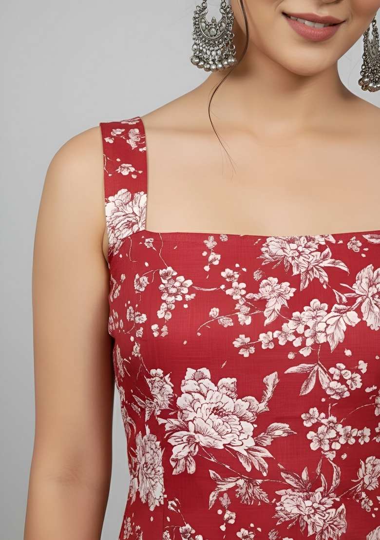 Red Floral Print Cotton Kurta - Indya