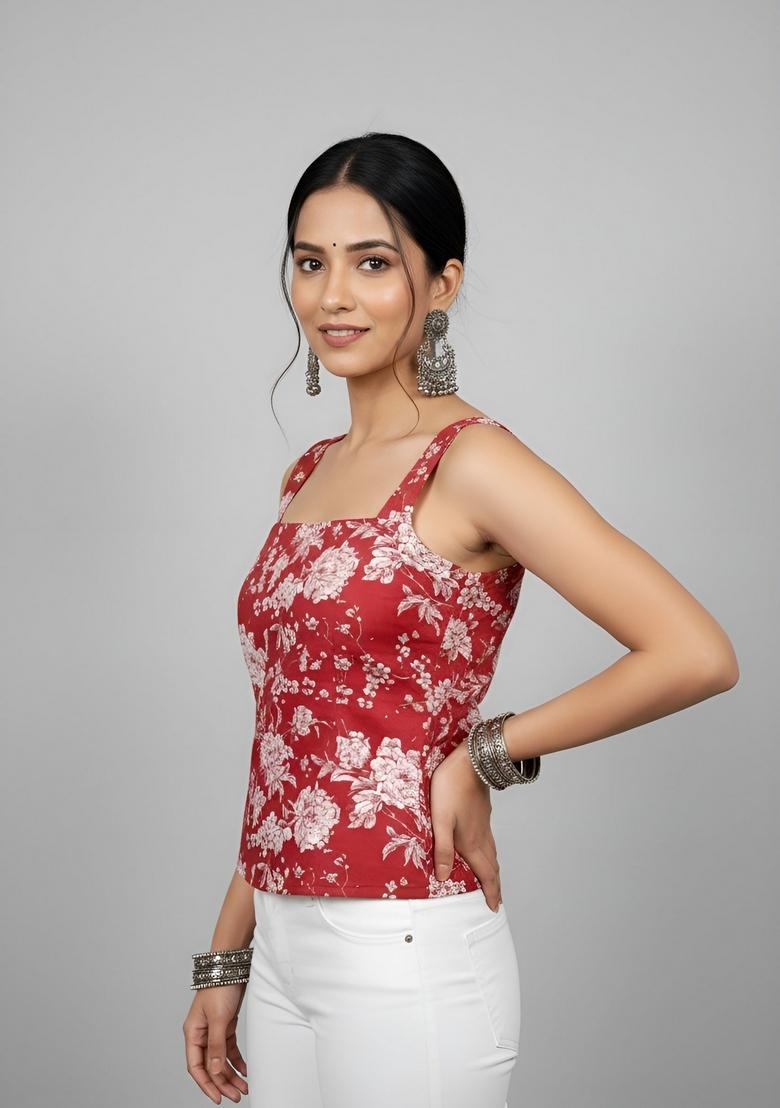 Red Floral Print Cotton Top - Indya