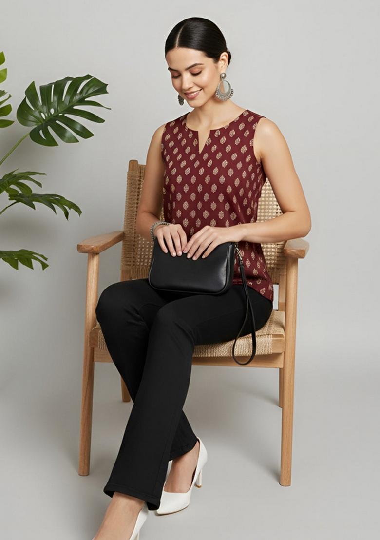 Maroon Printed Cotton Top - Indya