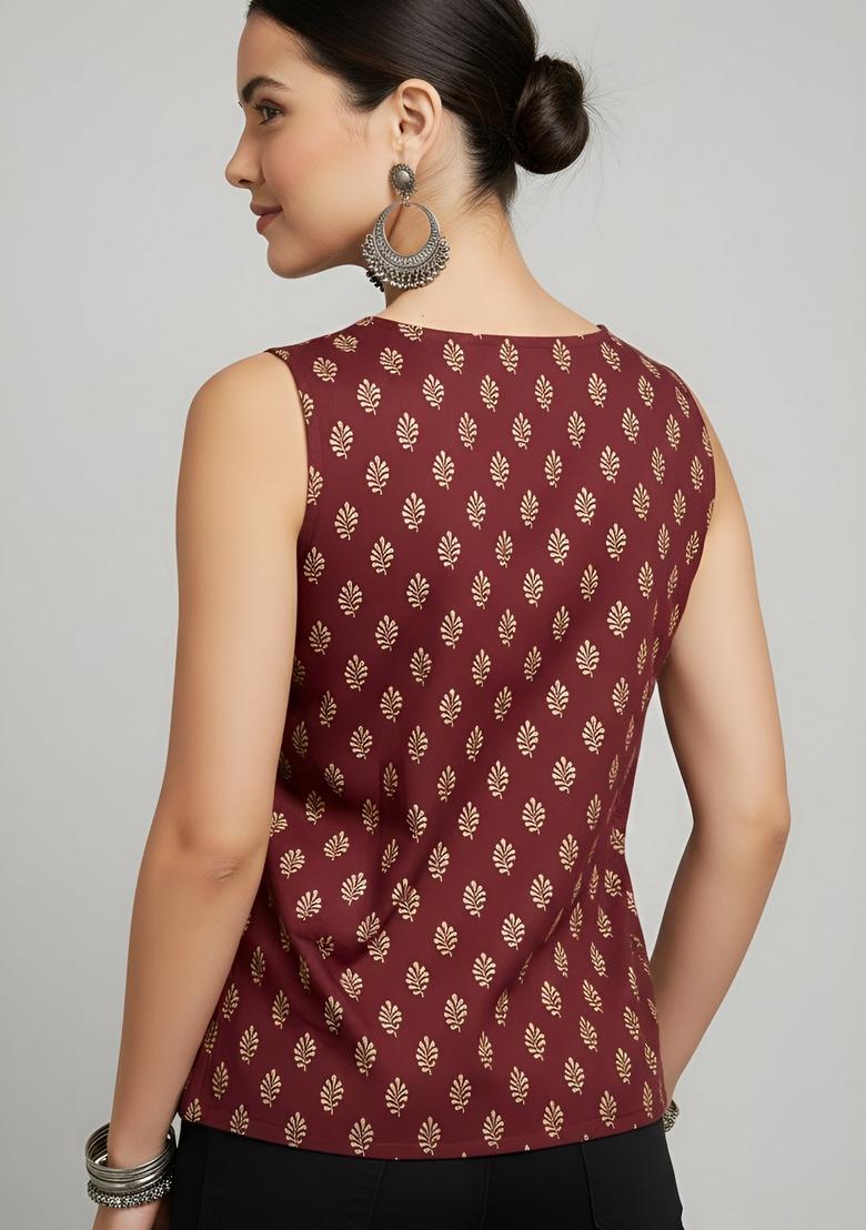 Maroon Printed Cotton Top - Indya