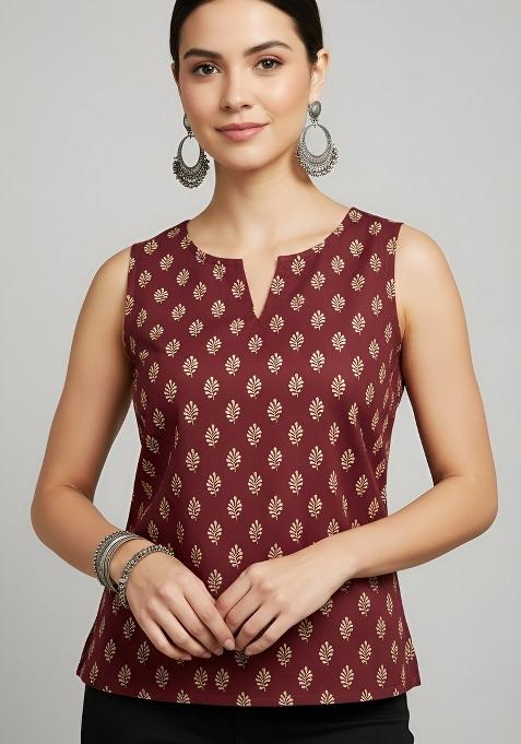 Maroon Printed Cotton Top