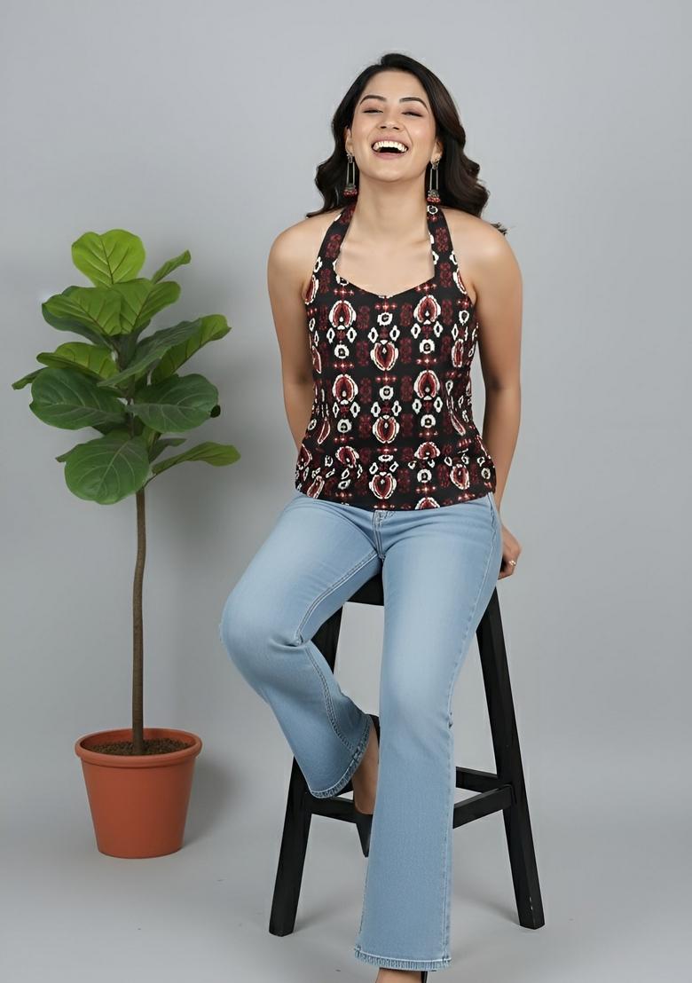 Black Printed Cotton Top - Indya