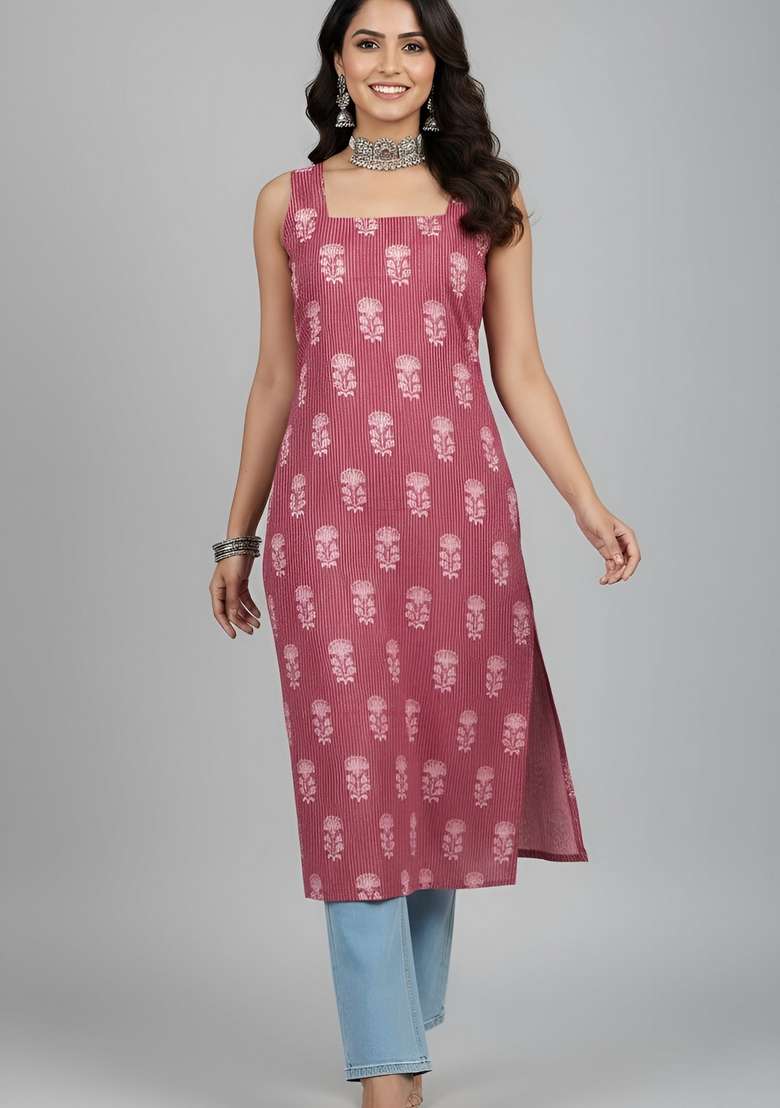 Mauve Printed Cotton Kurta - Indya