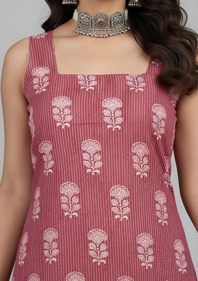 Mauve Printed Cotton Kurta - Indya