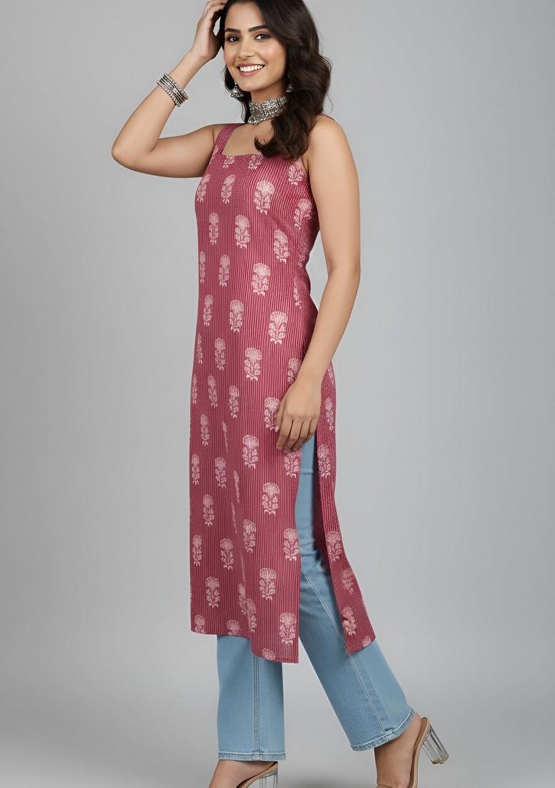 Mauve Printed Cotton Kurta - Indya