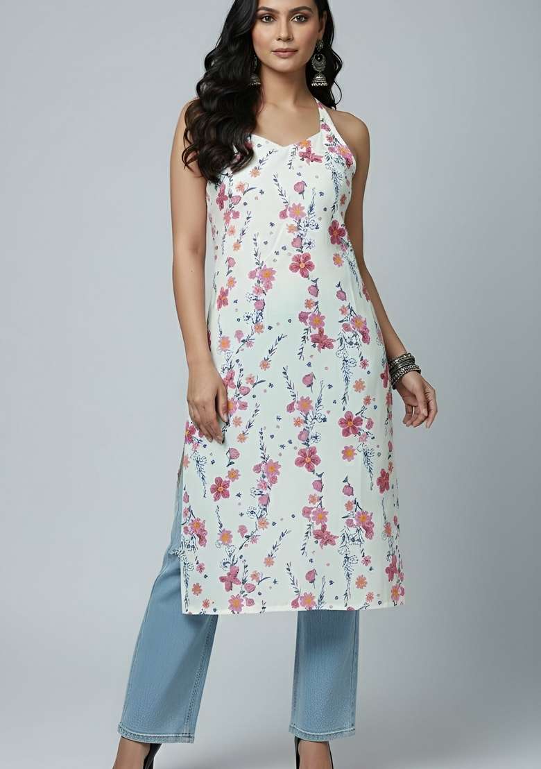White Floral Print Cotton Kurta - Indya