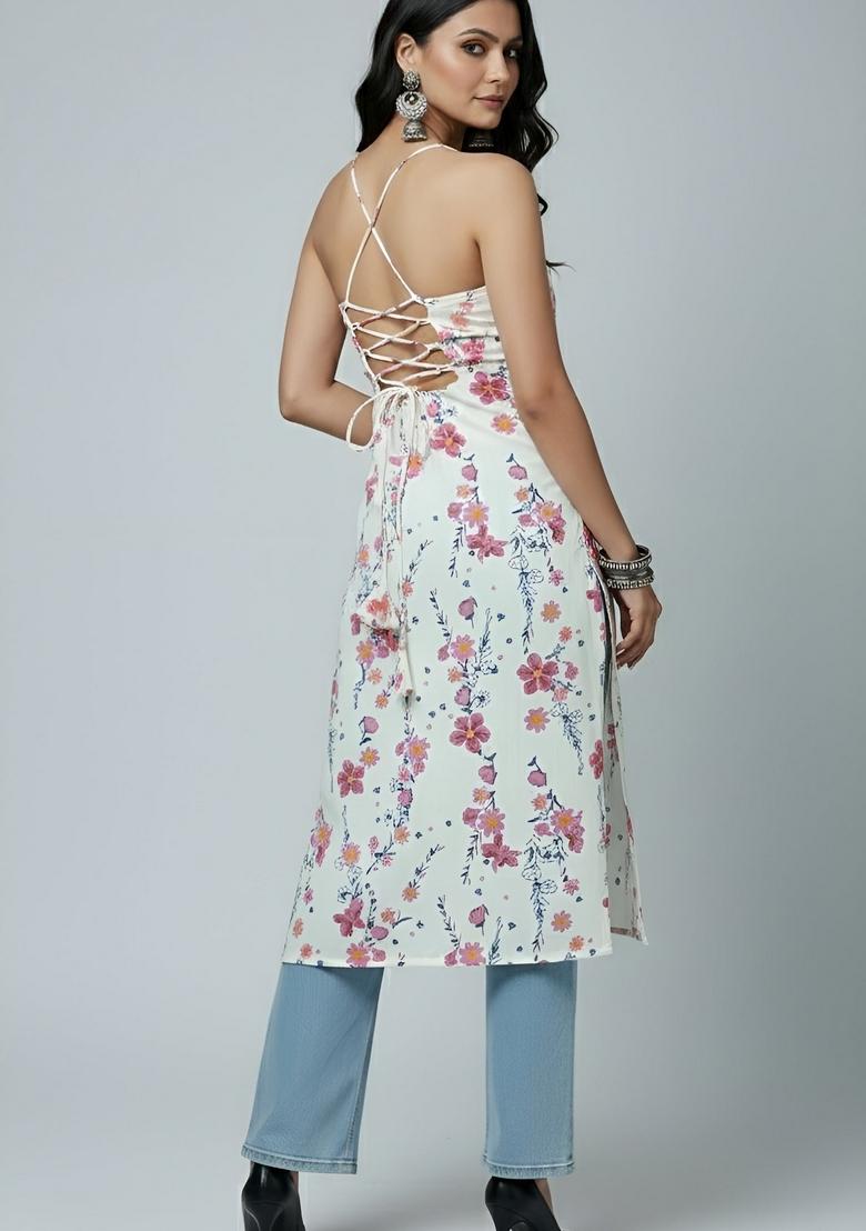 White Printed Cotton Kurta - Indya