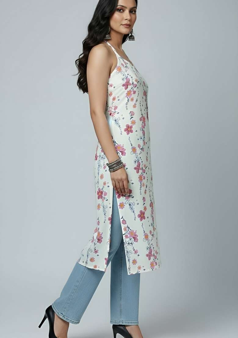 White Floral Print Cotton Kurta - Indya
