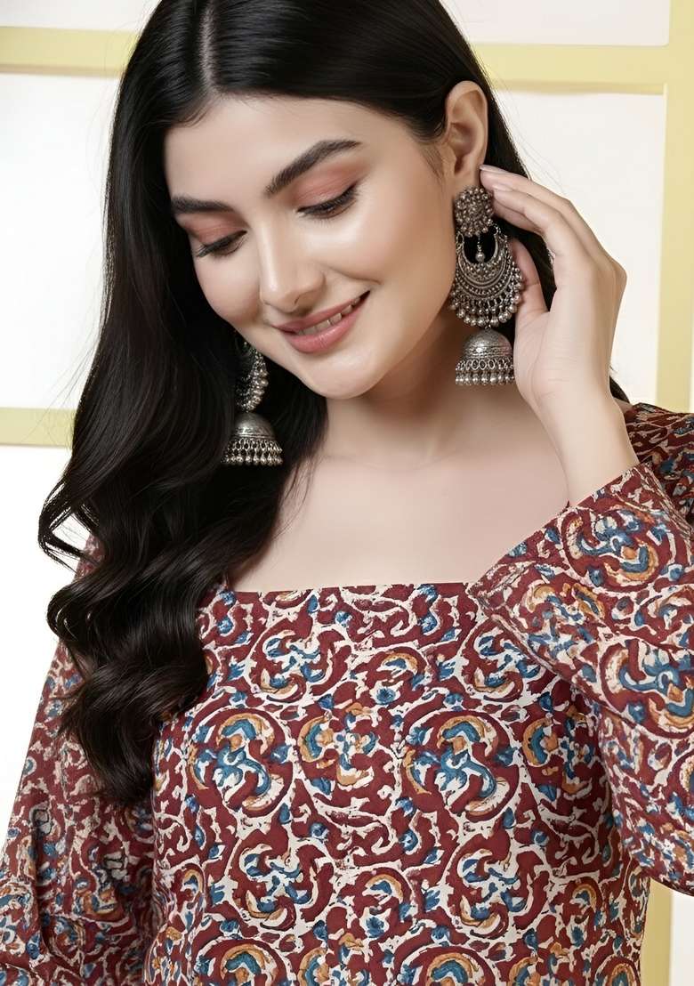 Maroon Printed Cotton Kurta - Indya