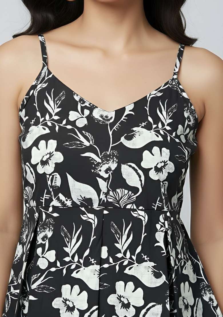 Black Floral Print Cotton Kurta - Indya