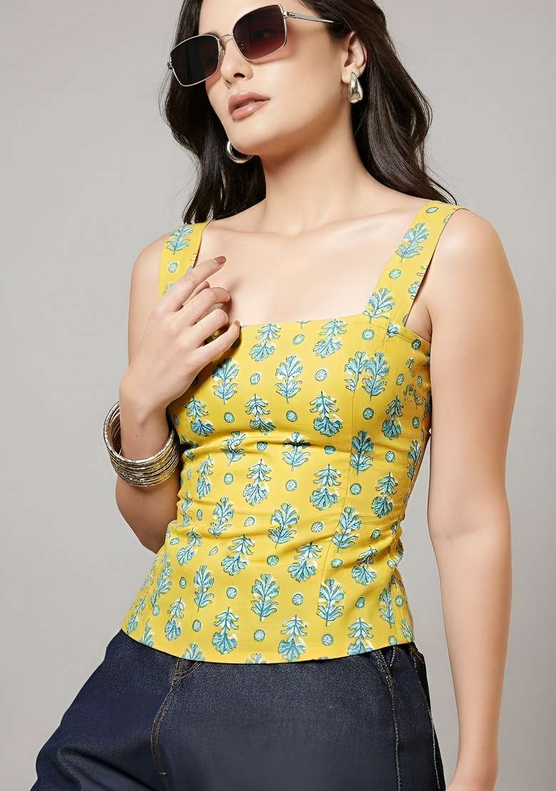 Lime Green Printed Cotton Kurta - Indya