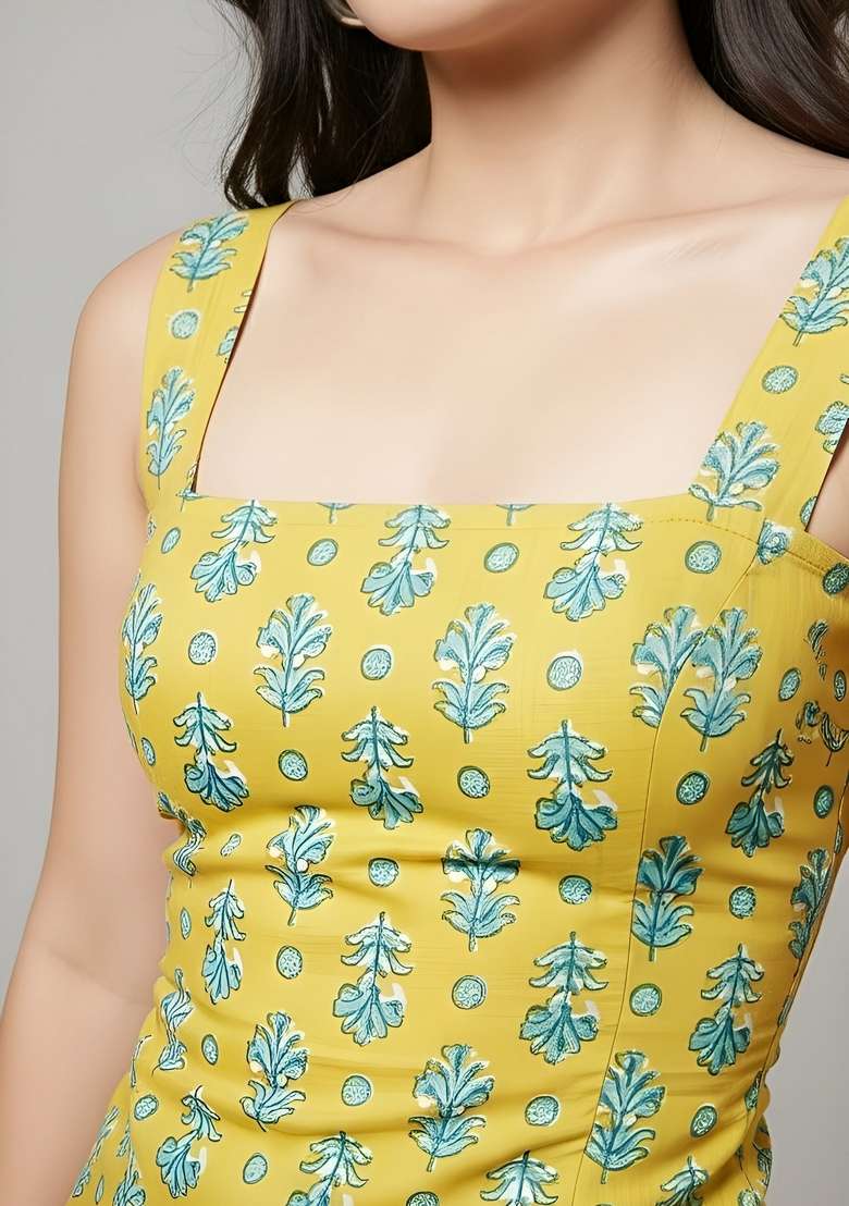 Lime Green Printed Cotton Kurta - Indya