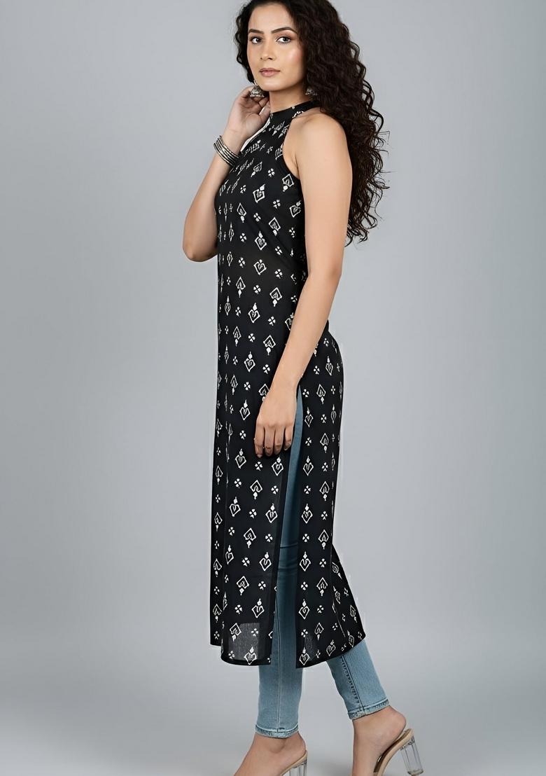 Black Printed Cotton Kurta - Indya