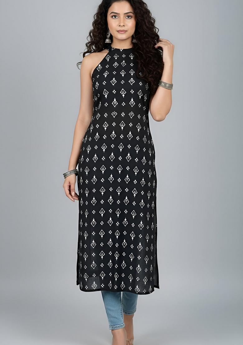 Black Printed Cotton Kurta - Indya