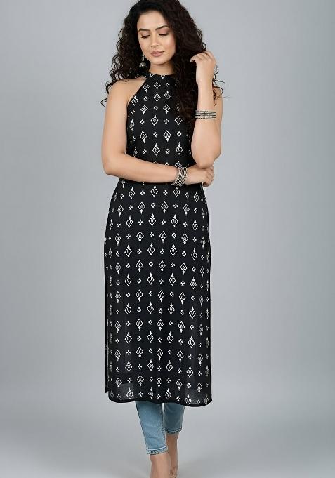 Black Printed Cotton Kurta