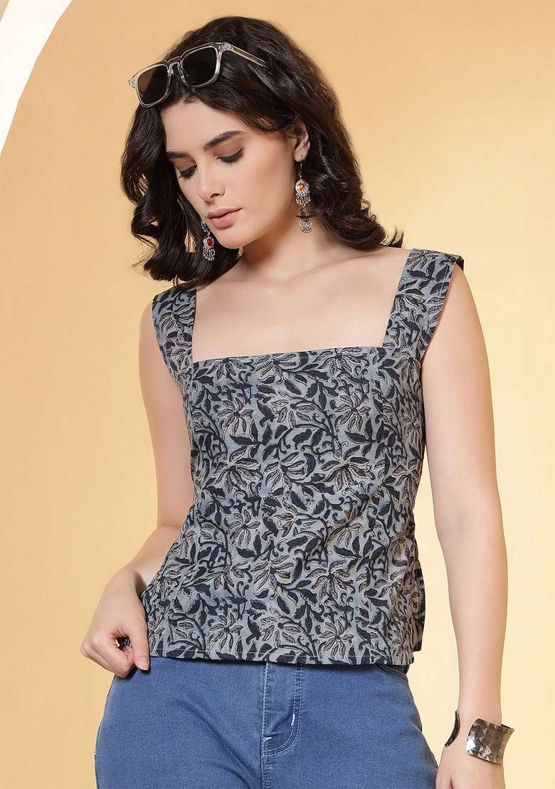 Grey Printed Cotton Kurta - Indya