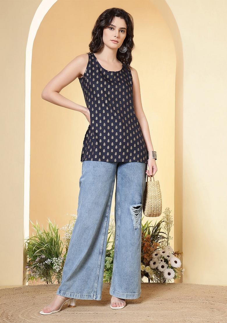 Blue Printed Cotton Tunic - Indya