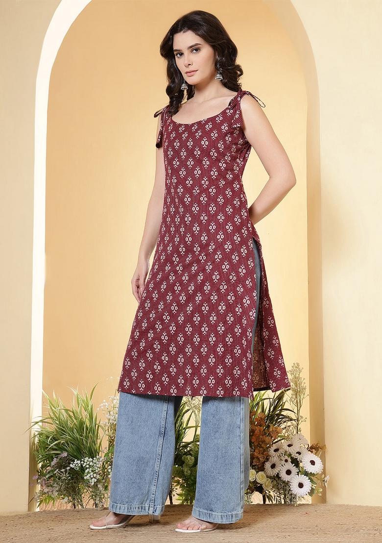 Burgundy Printed Cotton Kurta - Indya