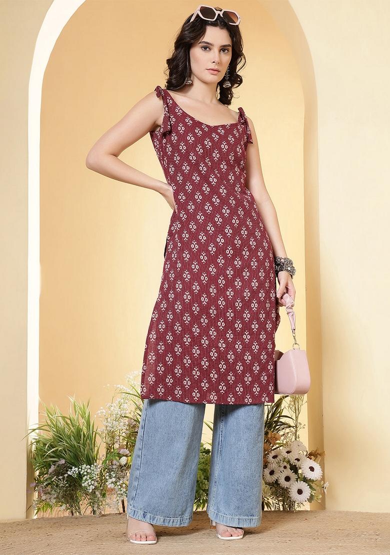 Burgundy Printed Cotton Kurta - Indya