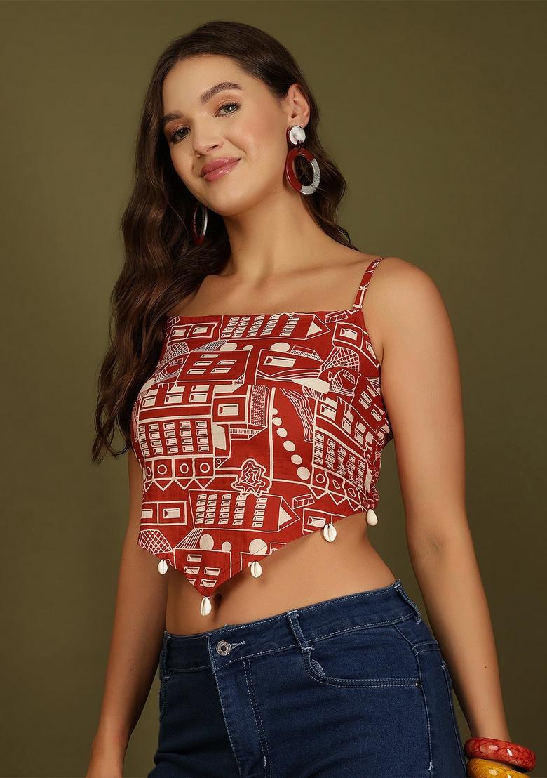 Rust Printed Cotton Top - Indya