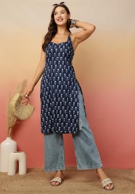Navy Blue Printed Cotton Kurta