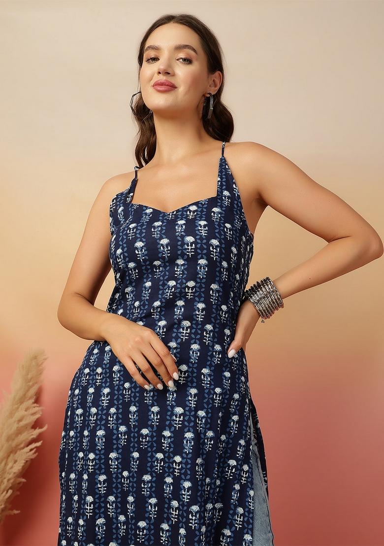 Navy Blue Printed Cotton Kurta - Indya