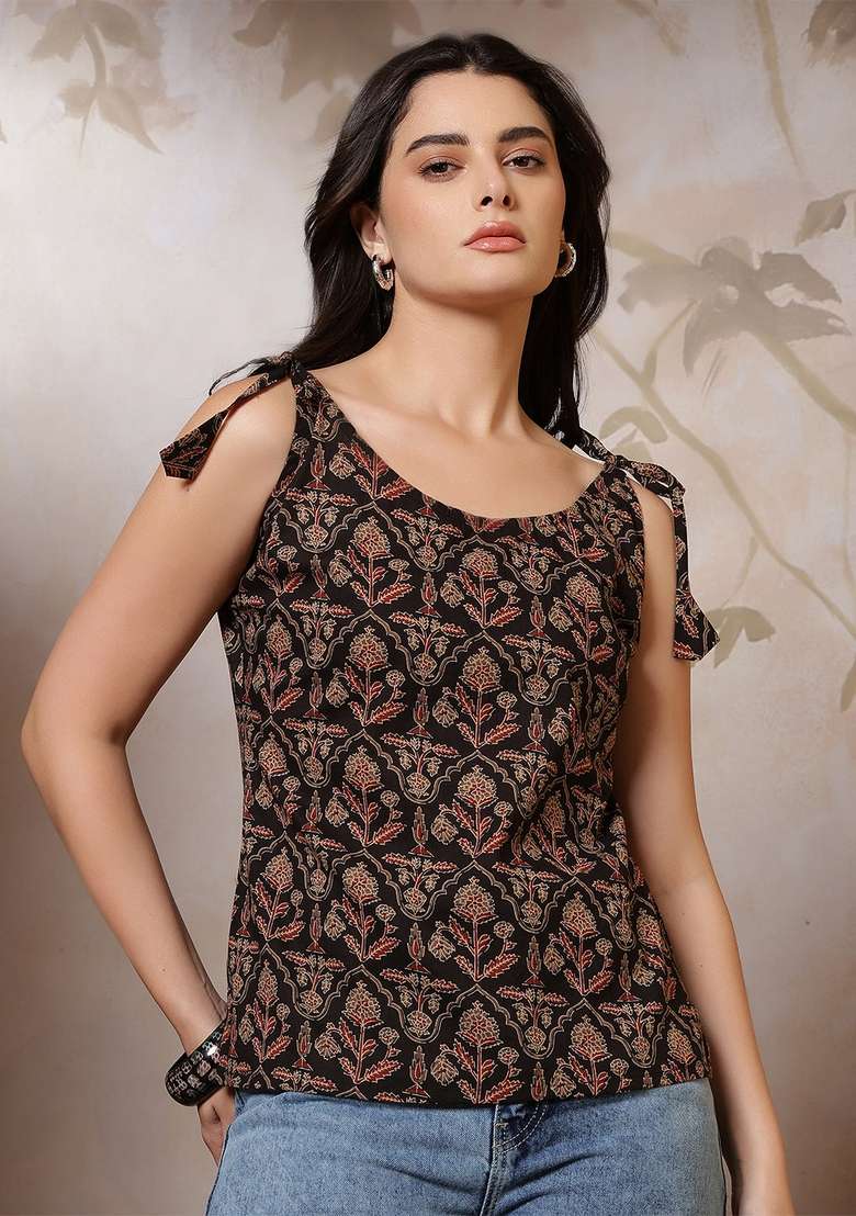 Black Printed Cotton Kurta - Indya