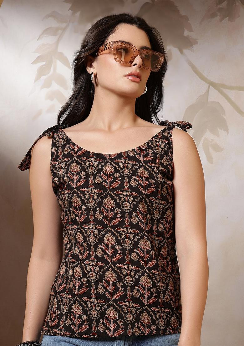 Black Printed Cotton Top - Indya