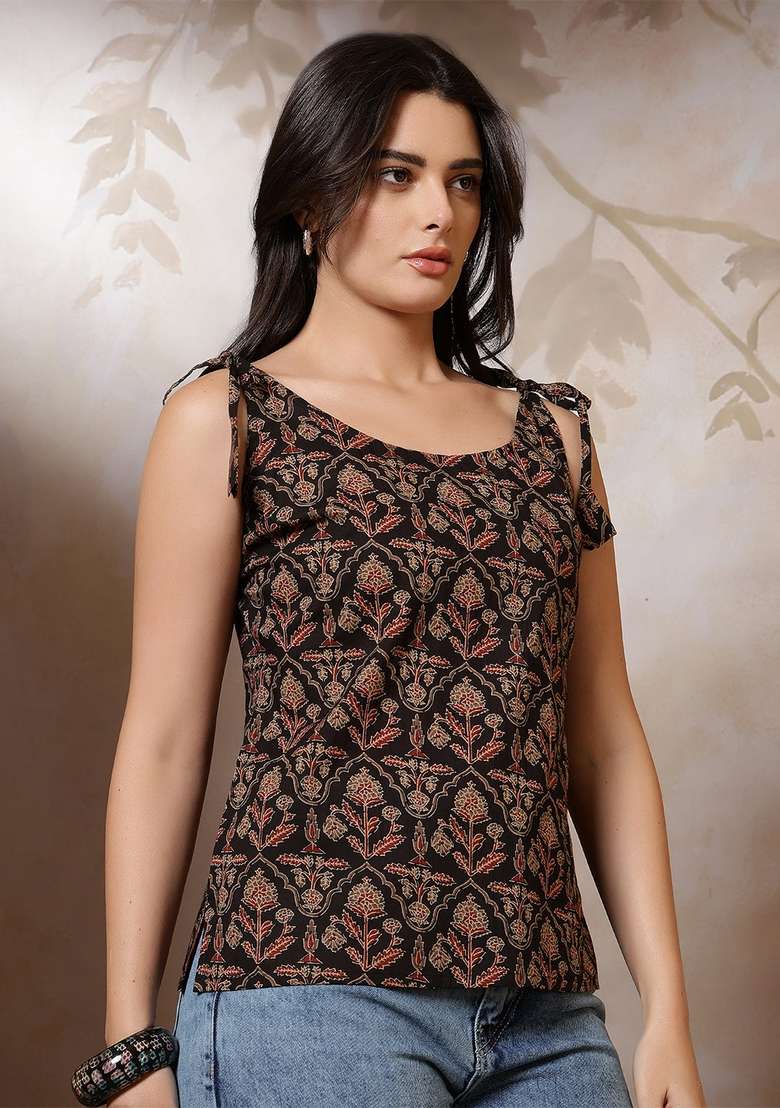 Black Printed Cotton Kurta - Indya