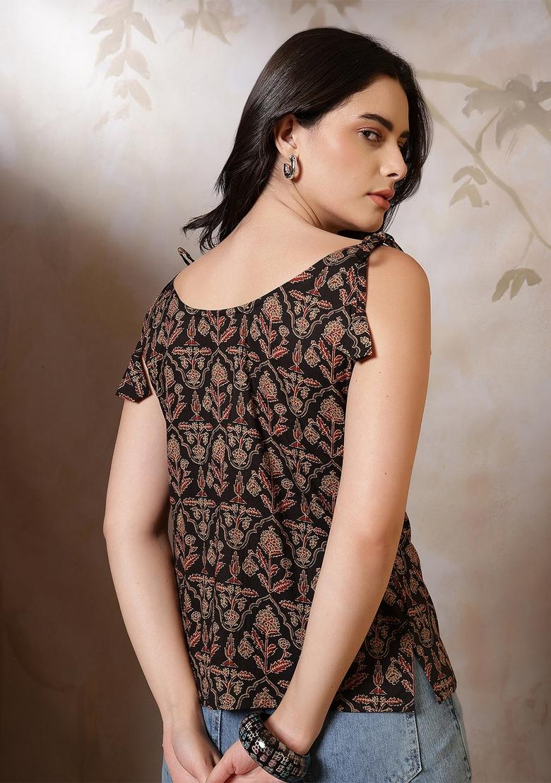 Black Printed Cotton Top - Indya