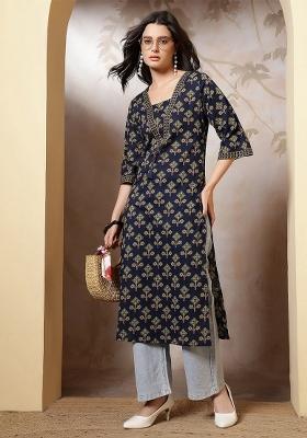 Blue Printed Cotton Kurta